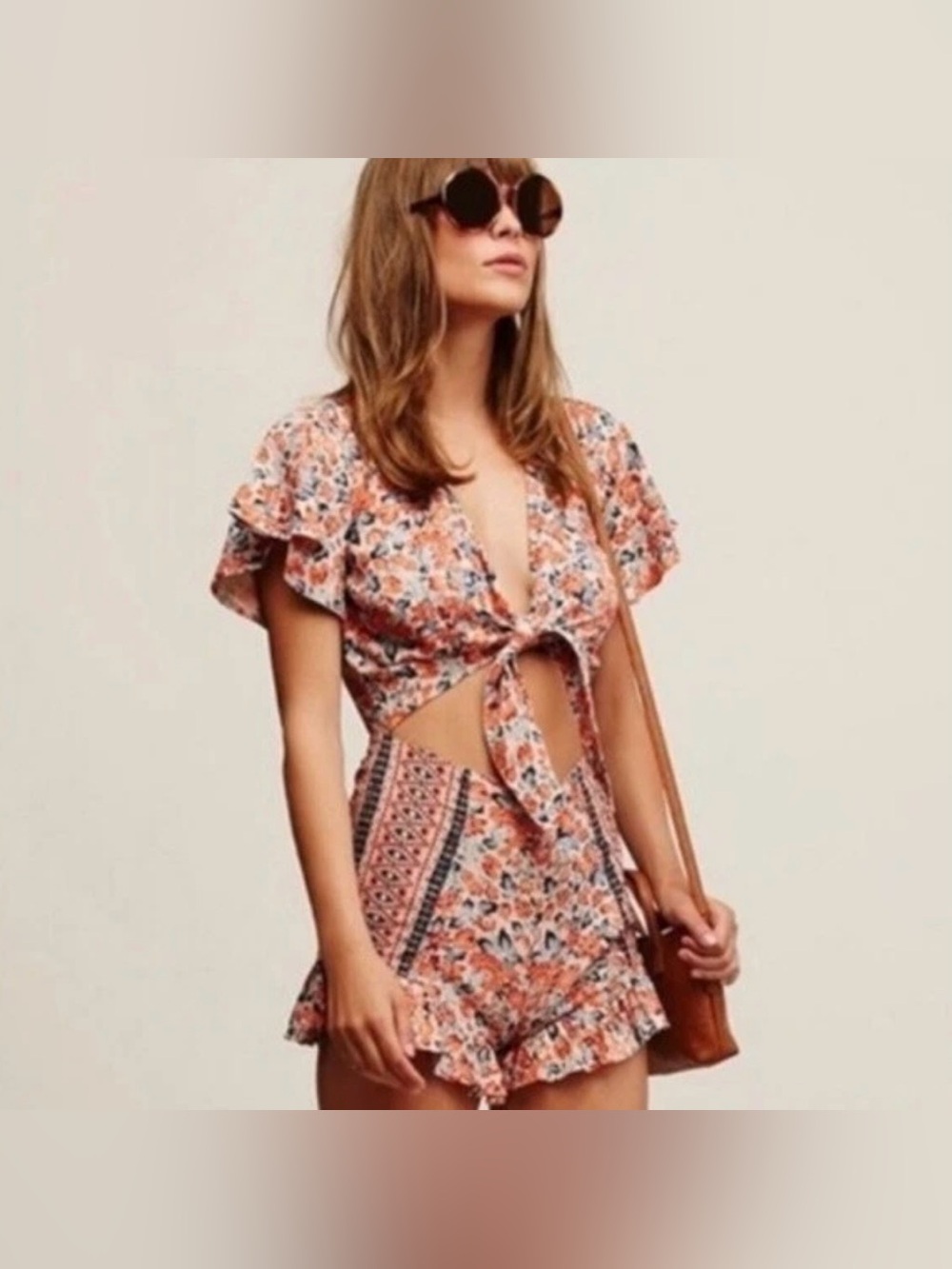 Free People Surf Date Floral Printed Romper Tie Front Open Midriff - Picture 5 of 7